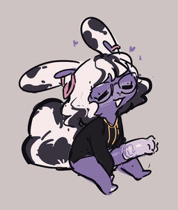 animal_genitalia animal_penis anthro big_tail blush bottomless bottomless_gynomorph bottomless_intersex casual_erection chibi clothed clothing equine_genitalia equine_penis erection eyes_closed eyewear genitals glasses gynomorph gynomorph_anthro heart_symbol intersex intersex_anthro mismatched_animal_penis mismatched_genitalia mismatched_penis open_mouth penis purple_blush purple_penis shirt simple_background sitting smile tail topwear eerieviolet april_(eerieviolet) lagomorph leporid mammal rabbit 2025