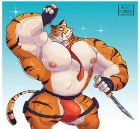 accessory anthro areola barazoku belly biceps big_bulge big_muscles big_pecs blue_background border bulge clothed clothing eyebrows fingerless_gloves fur gloves gradient_background handwear holding_knife holding_object huge_bulge huge_muscles huge_pecs jockstrap knife legband male musclegut muscular muscular_anthro muscular_male narrowed_eyes navel necktie nipples notched_ear obliques pecs quads scar simple_background smile smirk solo sparkles standing teeth thick_arms thick_thighs topless topless_anthro topless_male tuft underwear white_background white_border beefburner epic_games fortnite oscar_(fortnite) felid mammal pantherine tiger 2024 absurd_res hi_res signature