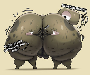 anus balls big_butt black_eyes butt feral genitals green_body huge_butt male solo surprised text thick_thighs crowundeadcat bongo_(bonguitoweon) dinosaur prehistoric_species reptile scalie spanish_text