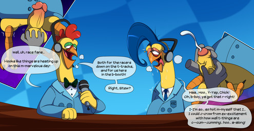 2_toes anthro avian_caruncle balls beak blue_clothing blue_hair blue_suit bodily_fluids bow_tie breath breathing button_(fastener) checkered checkered_background clothed clothing collared_shirt comb_(anatomy) cum cumshot desk detailed_background dialogue disembodied_hand dress_shirt duo ejaculation electronics erection feet freudian_slip fur furniture genital_fluids genitals green_eyelids hair half-closed_eyes handjob head_crest headgear headphones headset holding_microphone holding_object humanoid_genitalia humanoid_penis looking_at_another looking_at_partner looking_pleasured male male/male masturbation microphone narrowed_eyes necktie open_mouth orgasm orgasm_face pantsless pantsless_anthro pantsless_male partially_clothed pattern_background penile penis pink_eyelids red_comb_(anatomy) sex shaking shirt simple_background speech_bubble spread_legs spreading stuttering suit suit_jacket sweat sweatdrop sweating_profusely table text toes tongue tongue_out topwear tremble_lines trembling under_table uvula vein veiny_penis yellow_body yellow_fur vorechestra activision crash_bandicoot_(series) crash_team_racing_(series) crash_team_racing_nitro-fueled chick_gizzard_lips stew_(crash_bandicoot) avian bird chicken galliform phasianid english_text hi_res