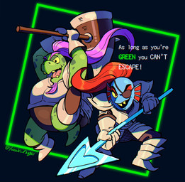anthro armor blue_body clothed clothed_female clothed_male clothing duo eye_patch eyewear fangs female green_body hair hammer male melee_weapon open_mouth polearm red_hair smile spear teeth text tools weapon yellow_sclera yuzuki_fang111 deltarune undertale_(series) gerson gerson_boom_(deltarune) undyne animal_humanoid aquatic aquatic_humanoid fish fish_humanoid humanoid reptile scalie turtle 2025 digital_media_(artwork) english_text hi_res japanese_description