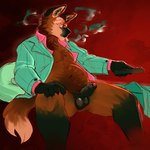 anthro balls blazer cigarette cigarette_in_mouth clothed clothing controller erection eyewear fluffy fluffy_chest foreskin genitals glasses hand_on_knee hand_on_leg holding_controller holding_object holding_remote_control male object_in_mouth open_clothing open_shirt open_topwear penis pillow pubes remote_control shirt simple_background slightly_chubby slightly_chubby_anthro slightly_chubby_male smoke smoking solo spread_legs spreading tail topwear vein veiny_penis burrows_(captain_nikko) mark_(captain_nikko) canid canine mammal maned_wolf 1:1 absurd_res hi_res