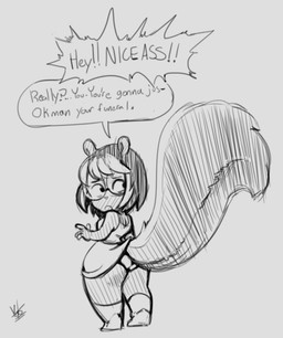 anthro butt catcall clothing dialogue eyewear female glasses panties solo text thick_thighs underwear wide_hips yotomoe muffy_(yotomoe) mammal mephitid skunk 2018 english_text monochrome