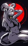 anthro arm_tuft bedroom_eyes bikini bikini_bottom bikini_thong bikini_top breasts cleavage clothed clothing collar collar_tag curved_horn elbow_tuft eyelashes female fur hair hands_behind_head horn long_hair looking_at_viewer narrowed_eyes navel pose raised_arms seductive sitting skimpy small_breasts solo swimwear tail tail_tuft thick_thighs tuft two-piece_swimsuit ailensolid bovid caprine goat mammal 2025 hi_res pinup signature sketch