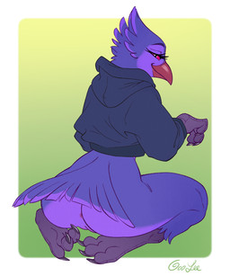 anthro anus beak big_butt bottomless butt clothed clothing feathers female genitals hoodie hoodie_only looking_at_viewer looking_back looking_back_at_viewer purple_body purple_feathers rear_view smile solo tail tail_feathers thick_thighs topwear topwear_only vulva wide_hips goolee sumire_nasuka avian bird parrot 2025 5:6 hi_res