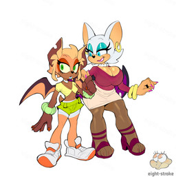 anthro bat_wings big_breasts black_nose blonde_hair blue_eyes blue_eyeshadow bottomwear bracelet breasts choker clothed clothing colored_nails duo ear_piercing ear_ring eyebrows eyelashes eyeshadow female femboy footwear fully_clothed gem green_eyes hair high_heels huge_breasts jewelry legwear looking_at_viewer makeup male membrane_(anatomy) membranous_wings nails necklace notched_ear pantyhose pearl_(gem) pearl_necklace piercing pink_nails ring_piercing shoes short_hair shorts skirt sneakers standing sweater text topwear white_hair wings eight_strokes sega sonic_the_hedgehog_(series) bundt_the_bat fan_character rouge_the_bat bat mammal 2024 artist_name
