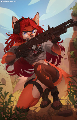ak-50 anthro blue_eyes boots charm_(jewelry) claws clothing countershading desert electronics eyewear female footwear fox_ears fox_tail fur glasses gloves gun hair handwear headgear headphones headset headset_microphone leggings legwear long_hair multicolored_body multicolored_fur orange_body orange_fur paws ranged_weapon red_hair safety_glasses shoes solo sticker tactical_gear tail torn_clothing torn_leggings torn_legwear visor weapon white_body white_fur ansart brandon_herrera cassie_(amarihel) amphibian aquatic axolotl canid canine fox mammal mole_salamander salamander absurd_res hi_res