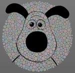 anthro big_nose border color_vision_test dotted_background ears_up front_view grey_border ishihara_test looking_at_viewer male pattern_background simple_background solo maddeku aardman_animations wallace_and_gromit gromit_(wallace_and_gromit) canid canine canis domestic_dog mammal english_description headshot_portrait portrait