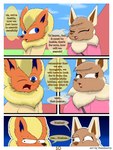 3:4 absurd_res anthro big_breasts bodily_fluids breasts brown_body brown_eyes canid canine clothed clothing comic dialogue digital_drawing_(artwork) digital_media_(artwork) duo eevee eeveelution elizabeth_venizee english_text female flamberry_(artist) flareon franklin_flare fur generation_1_pokemon hair hi_res humor male mammal nintendo one_eye_closed open_mouth orange_body orange_fur pokemon pokemon_(species) simple_background smile sweat tan_body tan_fur text wink yellow_body yellow_fur