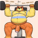 anthro barazoku barbell belly bottomless bottomless_male brown_body brown_fur clothed clothing exercise fur genitals male musclegut muscular muscular_male overweight overweight_male penis solo weightlifting workout alanottaviano animal_crossing nintendo teddy_(animal_crossing) bear brown_bear mammal ursine 1:1 hi_res