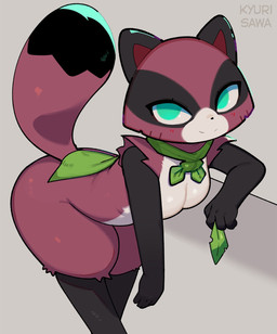anthro biped black_body black_fur black_tail blue_eyes blush breasts closed_smile featureless_breasts female fur looking_at_viewer medium_breasts mouth_closed multicolored_body multicolored_fur multicolored_tail red_body red_fur red_tail simple_background slightly_chubby slightly_chubby_anthro slightly_chubby_female smile solo standing tail thick_thighs white_body white_fur wide_hips kyurisawa cartoon_network mao_mao:_heroes_of_pure_heart tanya_keys canid canine mammal raccoon_dog tanuki hi_res