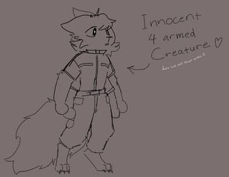4_arms anthro bottomwear clothing digitigrade fur head_tuft multi_arm multi_limb pants shirt simple_background solo tail text topwear tuft barleys_shield casualties:_unknown gunsaw gunsawian orange_(gunsawian) monochrome