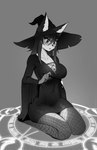 anthro blush breasts clothing female hat headgear headwear lingerie magic magic_circle magic_user solo witch_costume witch_hat bluefoxsart purplecutie_(character) canid canine fennec_fox fox mammal true_fox hi_res monochrome