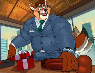 anthro belly big_belly big_bulge big_dildo big_muscles blush bodily_fluids bottomwear box bulge claws clock clothed clothing collared_shirt container desk detailed_background dildo dress_shirt electronics erection erection_under_clothing eyebrows eyewear flustered fur furniture gift glasses hair imminent_anal imminent_masturbation inside jacket landline_phone male musclegut muscular muscular_anthro muscular_male necktie office open_mouth open_smile overweight overweight_anthro overweight_male pants phone sex_toy shirt smile solo standing suit sweat table tail tail_motion tailwag teeth tenting tongue topwear tuft unprofessional_behavior watch window kihu lee_(ere) canid canine canis domestic_dog mammal 2023