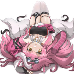 animal_ears bare_shoulders bare_thighs belt bent_legs big_breasts biped black_clothing black_gloves black_handwear blush breasts cleavage clothed clothing coat eyewear eyewear_on_head female female_humanoid fluffy_ears glasses glasses_on_head glistening glistening_hair gloves hair hair_between_eyes handwear legwear long_hair looking_at_viewer lying markings multicolored_clothing multicolored_coat multicolored_topwear on_back pantyhose pink_clothing pink_coat pink_hair pink_topwear simple_background smile solo striped_markings striped_tail stripes tail tail_markings topwear two_tone_clothing two_tone_coat two_tone_tail two_tone_topwear white_background white_clothing white_hair white_legwear white_pantyhose yellow_eyes redundant-cat hololive vtuber raora_panthera animal_humanoid felid felid_humanoid humanoid mammal mammal_humanoid pantherine pantherine_humanoid 1:1 hi_res