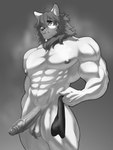 abs anthro ball_tuft balls clothing embarrassed erection genitals hair holding_object long_hair looking_at_object male mane muscular muscular_anthro muscular_male musk musk_clouds nipples pecs penis solo standing surprised_expression tuft underwear vein veiny_penis nescitop felid mammal black_and_white hi_res monochrome