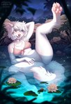 2023 absurd_res anthro blue_eyes canid canine clothed clothing detailed_background female fur hair heterochromia hi_res kyotoleopard lying mammal on_back orange_eyes pawpads paws pose presenting raised_leg solo spread_legs spreading swimwear thalia_(lemage) water white_body white_fur white_hair