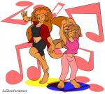 anthro breasts clothed clothing dancing duo female musical_note musical_symbol simple_background symbol white_background chrisandcompany daryl_vecat neve_vecat domestic_cat felid feline felis mammal