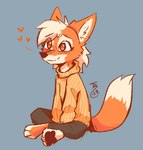 ambiguous_gender anthro barefoot biped blue_background blush clothed clothed_anthro clothing dipstick_tail feet fully_clothed fully_clothed_anthro fur markings orange_body orange_fur orange_tail simple_background sitting smile solo tail tail_markings white_body white_fur white_tail theblueberrycarrots rika_(barkwoofawoo) canid canine fox mammal 2023 signature female_(lore)