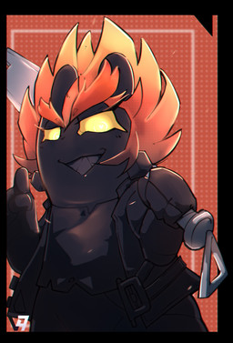 4_fingers anthro belt belt_buckle black_belt black_body black_clothing black_ear_piercing black_fur black_gloves black_handwear black_jacket black_shirt black_topwear buckle clothed clothed_anthro clothed_female clothing ear_piercing eyebrows eyelashes female female_anthro fingers fur gloves hair half-closed_eyes handwear holding_melee_weapon holding_object holding_sword holding_weapon jacket lidded_eyes light logo long_ears melee_weapon narrowed_eyes noseless open_belt open_clothing open_jacket open_topwear orange_background orange_eyebrows orange_hair piercing sharp_teeth shirt short_hair simple_background solo spiky_hair sword teeth thick_eyebrows toothy_grin topwear torn_clothing torn_shirt torn_topwear weapon yellow_eyes yellow_sclera wizaoff mario_plus_rabbids_sparks_of_hope nintendo raving_rabbids rayman_(series) ubisoft darkmess_edge hybrid lagomorph mammal rabbid shadow_creature 2024 absurd_res artist_logo colored crossover digital_drawing_(artwork) digital_media_(artwork) hi_res lighting shaded
