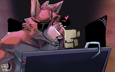 anthro bedroom_eyes cheek_tuft duo eye_patch eyewear facial_hair facial_tuft fangs first_person_view fur heart_symbol hook hook_hand inside looking_at_viewer machine male multicolored_body multicolored_fur muscular muscular_anthro muscular_male narrowed_eyes office red_body scene_parody seductive simple_background smile smiling_at_viewer smirk smirking_at_viewer tablet teeth teeth_showing tuft two_tone_body two_tone_fur yellow_eyes ooka ruthert4 five_nights_at_freddy's five_nights_at_freddy's_in_real_time scottgames foxy_(fnaf) animatronic canid canine fox mammal robot