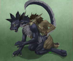 ambiguous_gender anthro bite breasts brown_pawpads chest_tuft claws collar duo facial_spikes fangs female forced from_behind_position fucked_silly fur green_background green_eyes horn kneeling leash leash_pull long_tail mohawk nipples open_mouth pawpads paws raised_arm raised_tail rough_sex sex simple_background size_difference spikes spikes_(anatomy) tail teeth tuft yellow_eyes yellow_sclera neon_(artist) blizzard_entertainment guild_wars warcraft nicky_boomer canid canine canis charr felid mammal werecanid werecreature worgen 2013
