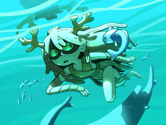 ambiguous_gender antlers barefoot breasts cleavage clothed clothing coral_horn dress ear_fins feet female feral fin gills green_body green_eyes green_skin group hair horn long_hair mask open_mouth plant plant_clothing plant_hair pseudo_hair pseudo_horn reflection swimming toony underwater water wearing_mask discount-supervillain adventure_time cartoon_network finn_the_human huntress_wizard ambient_fish ambient_sealife animal_humanoid anthozoan aquatic aquatic_humanoid cnidarian coral fish horned_humanoid humanoid 4:3 digital_media_(artwork)