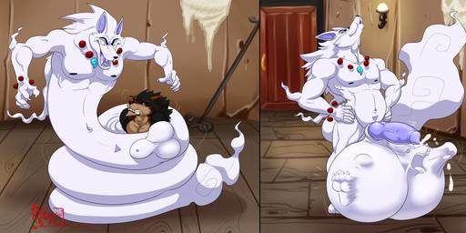 4_toes 5_fingers animal_genitalia animal_penis anthro anthro_on_anthro balls big_balls biped blue_sheath bodily_fluids canine_genitalia canine_penis cock_vore cum cum_drip dripping duo erection feet fingers forced fully_sheathed genital_fluids genitals grey_body grey_penis grey_skin hands_on_hips huge_balls hyper hyper_balls hyper_genitalia inside_balls jewelry knot male musclegut muscular necklace nipples penetration penile penis precum sheath solo standing thick_penis toes transformation vore white_balls white_body white_sheath white_skin yellow_eyes hungothenomster james_auvereign sinjo_(hungothenomster) canid canine canis fox ghost mammal spirit wolf 2019 hi_res