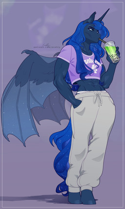 abs anthro athletic athletic_anthro athletic_female beverage blue_body blue_eyes blue_hair blue_tail bottomwear bubble_tea clothed clothing drinking female hair hooves horn long_hair membrane_(anatomy) membranous_wings midriff pants solo standing sweatpants tail text topwear unicorn_horn wings evehly friendship_is_magic hasbro my_little_pony mythology princess_luna_(mlp) equid equine mammal mythological_creature mythological_equine winged_unicorn full-length_portrait hi_res portrait signature url