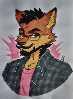 beard brown_body brown_eyes brown_fur clothing dubonaiti eyewear facial_hair fur glasses grey_clothing male orange_body orange_fur pink_clothing solo wearing_glasses unknown_artist canid canine canis humanoid mammal wolf absurd_res hi_res