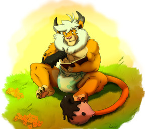 anthro bodily_fluids clothed clothing diaper drawing_in_a_drawing genital_fluids grass ink male outside pencil_(object) plant sitting sitting_on_ground sketchbook smile solo topless unclean_diaper urine used_diaper wet_diaper leoniro_the_inklion inklion absurd_res hi_res