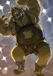 anthro belly biped bulge humanoid_hands kemono male musclegut muscular overweight overweight_male solo wrestling_singlet hachirouta felid lion mammal pantherine 2023 absurd_res hi_res