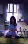 bed bedroom book clothing creepy electronics female footwear furniture human_only inside knee_highs knee_socks lamp legwear not_furry pencil_(object) plushie radio scissors sitting socks solo table teddy_bear wariza window blacklack-21 human mammal grandfathered_content