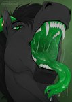 anthro black_eyebrows black_hair bodily_fluids drooling ear_piercing ear_ring eyebrows fangs forked_tongue front_view fur glistening glistening_eyes green_background green_horn green_tongue grey_body grey_fur hair horn male mouth_shot narrowed_eyes open_mouth piercing ring_piercing saliva saliva_string sharp_teeth simple_background solo teeth tongue tongue_out uvula santanahoffman garth_firehoof equid equine horse mammal