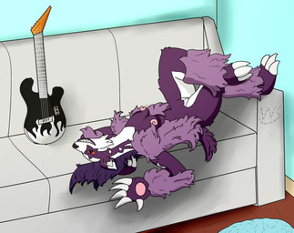 alternate_color anthro breasts electric_guitar female fur furniture genitals guitar looking_at_viewer lying medium_breasts musical_instrument nipples nude on_back plucked_string_instrument simple_background smile sofa solo string_instrument vulva winter_sunshine nintendo pokemon generation_8_pokemon mammal obstagoon pokemon_(species) shiny_pokemon absurd_res hi_res