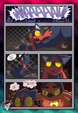 ambiguous_gender behind_another black_body black_fur black_nose black_tuft bodily_fluids border breath brick_wall city cityscape concrete cornered countershading duo dust_cloud ellipsis facial_markings feral fur head_markings markings motion_lines night onomatopoeia orange_body orange_countershading orange_eyes orange_fur outside panting pink_tongue red_body red_countershading red_eyes red_fur red_markings red_tuft running_away scared sharp_teeth sound_effects striped_arms striped_markings stripes sweat teeth text tongue tuft wall_(structure) whiskers wide_eyed yellow_sclera atta_catto conditional_dnp nintendo pokemon felid feline generation_7_pokemon litten mammal pokemon_(species) torracat comic hi_res url watermark