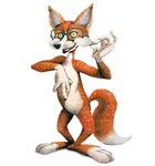 anthro dipstick_tail eyewear fur glasses inner_ear_fluff male markings mascot nude red_body red_fur solo tail tail_markings tuft whiskers claude_morchoisne schwaebisch_hall canid canine fox mammal 1979 20th_century ancient_art