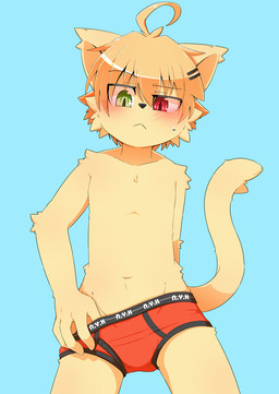 :< anthro biped blush blush_lines bodily_fluids briefs briefs_only bulge clothed clothed_anthro clothed_male clothing clothing_pull front_view fur green_eyes heterochromia male male_anthro navel red_clothing red_eyes red_underwear simple_background solo standing sweat sweatdrop tail tan_body tan_fur topless topless_anthro topless_male underwear underwear_only underwear_pull young young_anthro young_male luca_(nyucs) domestic_cat felid feline felis mammal 2025 digital_media_(artwork) hi_res