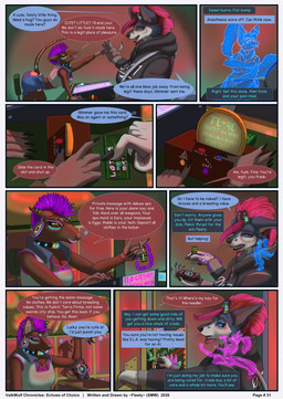 anthro blue_eyes breasts butt claws collar dialogue ear_piercing eyebrow_piercing facial_piercing fangs fantasy female group hair hologram key mohawk nose_piercing orange_eyes piercing profanity purple_hair red_hair science_fiction speech_bubble tail teeth teeth_showing text weapon fleety_(artist) mythology fleety_(character) canid canine fox mammal murid murine mythological_canine mythological_creature rat rodent valkwulf werecanid werecanine werecreature werewolf absurd_res comic english_text hi_res herm_(lore)