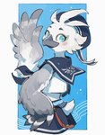 anthro beak black_beak blue_eyes feathers male midriff sailor_hat sailor_uniform solo white_body white_feathers wings young young_anthro luminous_slime nintendo tears_of_the_kingdom the_legend_of_zelda tulin_(tloz) avian bird rito hi_res