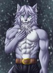 2021 5_fingers abs absurd_res anthro athletic athletic_anthro athletic_male belt bottomwear canid canine canis chibikoma claws clothed clothing fate_(series) finger_claws fingers fur grey_body grey_fur hair hand_on_chest hand_on_own_chest hi_res humanoid_hands inner_ear_fluff male mammal muscular muscular_male navel pants patxi_(fate) pecs silver_hair snow snowing solo topless topless_anthro topless_male tuft type-moon wolf yaga