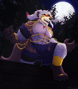 abs anthro bandage big_muscles bottomwear claws clothed clothing ear_piercing ear_ring facial_hair forest full_moon glowing glowing_eyes goatee hair jewelry loincloth male moon muscular muscular_male night nipple_piercing nipples partially_clothed pecs piercing plant ponytail ring ring_piercing sharp_teeth solo spread_arms tail teeth toony tree nottsfw fox_(katsukrambles) hybrid mammal mustelid otter werecreature 2025 hi_res