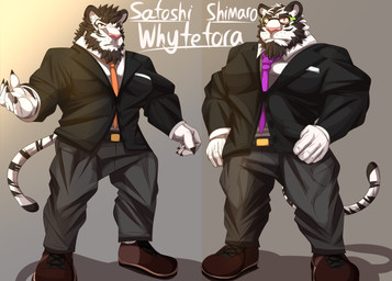 accessory age_difference anthro beard black_clothing black_hair black_stripes black_suit bottomwear brown_clothing brown_footwear brown_shoes claws clothing duo eyewear facial_hair footwear frown fur glasses goatee hair male male/male mature_male muscular muscular_male necktie older_male orange_eyes pants pink_nose purple_eyes satoshi_whytetora shimaro_whytetora shoes standing stripes suit tail wearing_glasses white_body white_fur younger_male joxen_star felid mammal pantherine tiger absurd_res hi_res father_(lore) father_and_child_(lore) father_and_son_(lore) parent_(lore) parent_and_child_(lore) parent_and_son_(lore) son_(lore)