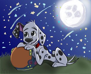 black_ears black_nose black_spots collar cosmic_background feral fur grass male moon pink_inner_ear plant red_collar solo space space_background space_helmet spots toony white_body white_fur white_spots ark235 101_dalmatian_street 101_dalmatians disney dylan_(101_dalmatians) canid canine canis dalmatian domestic_dog mammal