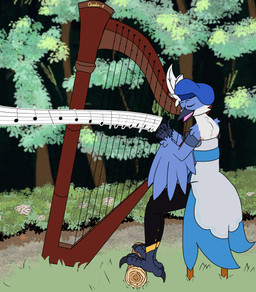 anthro avian_feet beak beret blue_body blue_feathers bottomwear claws clothing dress eyes_closed feathers feet female grass harp hat headgear headwear musical_instrument musical_note musical_symbol open_mouth pants pink_tongue plant plucked_string_instrument singing sitting solo string_instrument symbol tongue tree white_body white_feathers wings wings_on_arms quake-1 a'nikke_(reckfulabandon) avian bird bluebird oscine passerine thrush_(bird) absurd_res hi_res