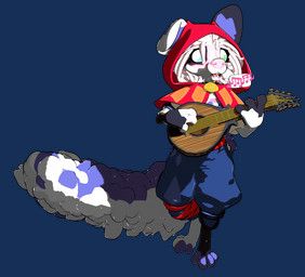 clothed clothing female floppy_ears fur grey_body grey_fur hair hood long_tail lute markings musical_instrument notes pink_hair playing_music plucked_string_instrument simple_background solo sound_effects spots spotted_body spotted_fur string_instrument tail text transparent_background yvem fay_(yvem) canid canine canis domestic_dog mammal 3d_(artwork) 3d_animation alpha_channel animated digital_media_(artwork) loop