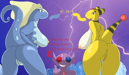 anthro anus big_breasts black_body black_skin blue_body blue_eyes blue_skin breasts bubble_butt butt curvy_figure duo_focus electricity erect_nipples female gem genitals gesture group hand_gesture inviting lightning looking_at_viewer looking_back male nipples pokemorph presenting presenting_hindquarters presenting_vulva raised_tail red_eyes seductive smile stripes tail teeth text thick_thighs thumbs_up voluptuous vulva white_body white_skin wide_hips yellow_body yellow_skin deadpliss nintendo pokemon ampharos aurorus fossil_pokemon generation_2_pokemon generation_3_pokemon generation_6_pokemon pokemon_(species) sableye 2014 english_text