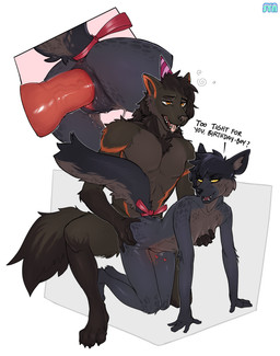 abdominal_bulge animal_genitalia animal_penis anthro birthday birthday_sex breasts canine_genitalia canine_penis clothing crossgender doggystyle duo female from_behind_position genitals gift_bow hat headgear headwear humanoid_genitalia humanoid_vulva knot looking_pleasured male male/female multicolored_body party_hat penetration penis sex simple_background small_breasts talking_to_another tight_fit two_panel_image vaginal vaginal_penetration vulva white_background syn-6 kael_(beleynn) tesamo_(syn-6) canid canine canis hyena mammal wolf flat_colors hi_res