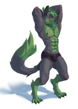 anthro briefs bulge clothed clothing hands_behind_head looking_at_viewer male muscular muscular_anthro muscular_male scar smile solo standing topless underwear harufeng canid canine canis mammal wolf absurd_res hi_res