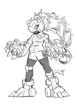 bottomwear claws clothing female markings pawpads paws raccoon_tail_hair shorts solo striped_markings stripes tracksuit sinobali bandai_namco digimon digimon_beatbreak bearcatmon binturong_humanoid digimon_(species) humanoid hi_res monochrome sketch